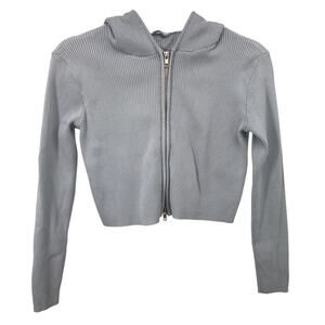 John Galt Blue Rib Knit Zip Front Crop Hoodie Sweater One Size